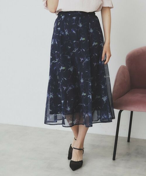 index / インデックス スカート | シアーフラワーフレアスカート【洗濯機洗い可】(ネイビー(194))