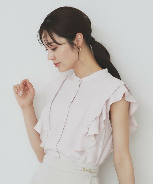 【新品】定価45,100円　レリアン　フリルバンドカラーブラウス　ブルー　11号 バンドカラーブラウス【Leilian WHITE LABEL】|レリアン