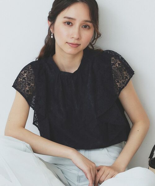 index / インデックス シャツ・ブラウス | ジオメレースフレアスリーブブラウス/セットアップ対応【洗濯機洗い可】（ネイビー(094)）