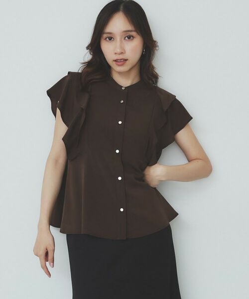 index / インデックス シャツ・ブラウス | ダブルフリルバンドカラーブラウス【洗濯機洗い可/イージーアイロン/防シワ】(ブラウン(044))