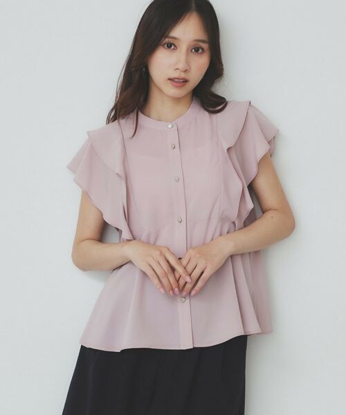 index / インデックス シャツ・ブラウス | ダブルフリルバンドカラーブラウス【洗濯機洗い可/イージーアイロン/防シワ】(ピンク(071))