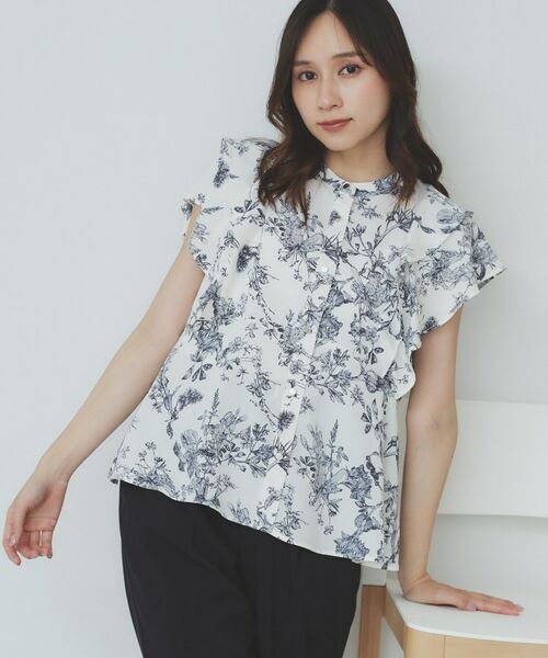 index / インデックス シャツ・ブラウス | ダブルフリルバンドカラーブラウス【洗濯機洗い可/イージーアイロン/防シワ】(アイボリー(104))