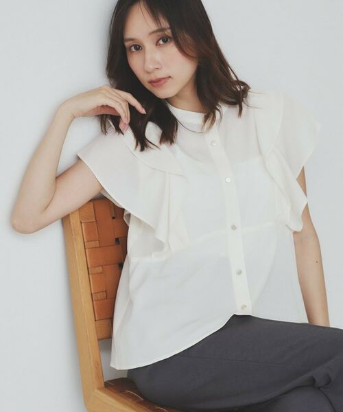 index / インデックス シャツ・ブラウス | ダブルフリルバンドカラーブラウス【洗濯機洗い可/イージーアイロン/防シワ】(オフホワイト(803))