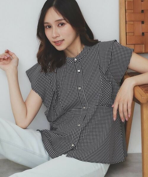 index / インデックス シャツ・ブラウス | ダブルフリルバンドカラーブラウス【洗濯機洗い可/イージーアイロン/防シワ】(ブラック(819))