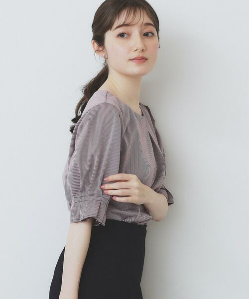 index / インデックス カットソー | ストライプジャージタックスリーブトップス【吸水速乾/洗濯機洗い可】(ボルドー(364))