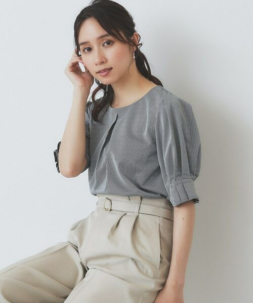 index / インデックス カットソー | ストライプジャージタックスリーブトップス【吸水速乾/洗濯機洗い可】(ネイビー(394))