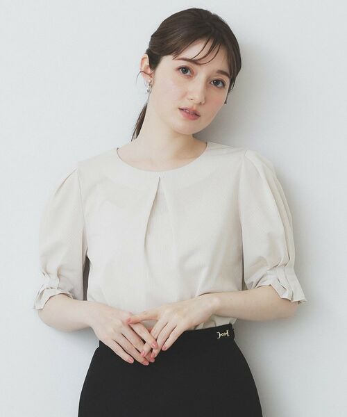 index / インデックス カットソー | ストライプジャージタックスリーブトップス【吸水速乾/洗濯機洗い可】(グレージュ(350))