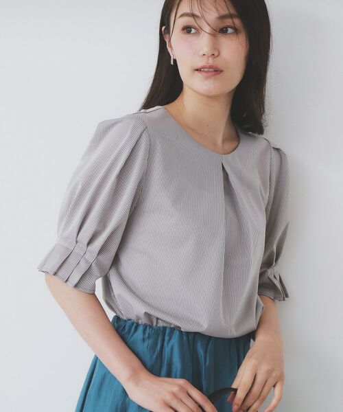 index / インデックス カットソー | ストライプジャージタックスリーブトップス【吸水速乾/洗濯機洗い可】(トープ(354))