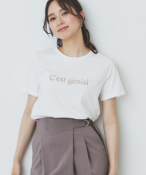 index / インデックス Tシャツ | パール調刺繍ロゴTシャツ【汗ジミ防止/吸水速乾/接触冷感/UVケア/洗濯機洗い可】(オフホワイト(003))