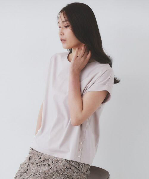 index / インデックス カットソー | 《S-3Lサイズ》サイドパール調ボタンボクシートップス【洗濯機洗い可/UVケア/接触冷感】(ピンクベージュ(053))