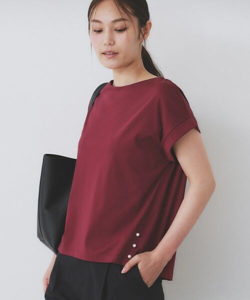 index / インデックス カットソー | 《S-3Lサイズ》サイドパール調ボタンボクシートップス【洗濯機洗い可/UVケア/接触冷感】(ボルドー(064))