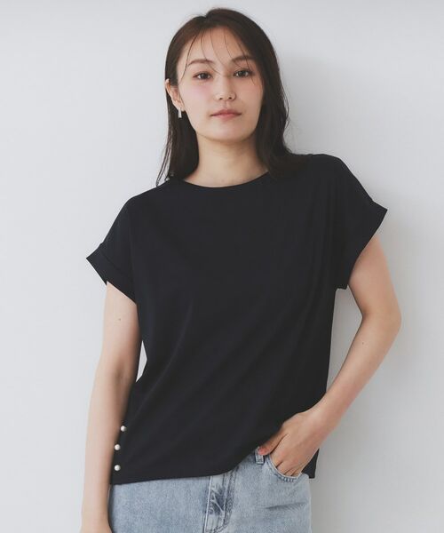 index / インデックス カットソー | 《S-3Lサイズ》サイドパール調ボタンボクシートップス【洗濯機洗い可/UVケア/接触冷感】(ネイビー(094))