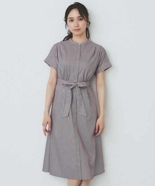 ichi リネンワイドシルエットストライプワンピース　ナチュラル コットンリネンストライプ 2wayギャザーワンピース（ichi）の