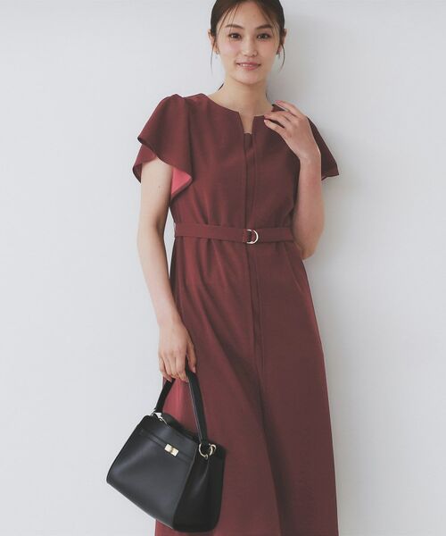 index / インデックス ミニ丈・ひざ丈ワンピース | 《S-3Lサイズ》フリルスリーブワンピース【洗濯機洗い可】(ボルドー(064))