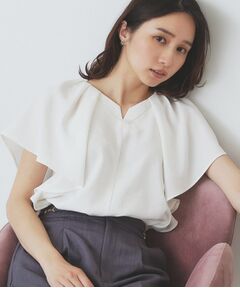 index / インデックス シャツ・ブラウス | 《7色展開/S-LLサイズ》フリルタックスリーブキーネックブラウス【吸水速乾/洗濯機可/イージーアイロン/抗ピル】