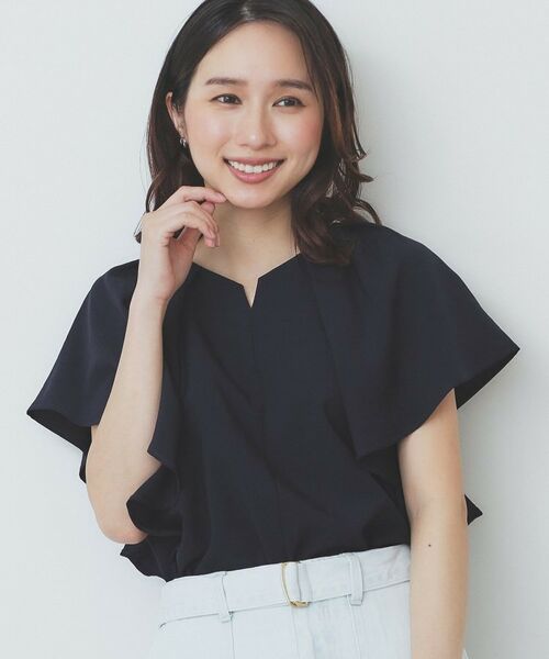 index / インデックス シャツ・ブラウス | 《7色展開/S-LLサイズ》フリルタックスリーブキーネックブラウス【吸水速乾/洗濯機可/イージーアイロン/抗ピル】 | 詳細19