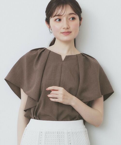 index / インデックス シャツ・ブラウス | 《7色展開/S-LLサイズ》フリルタックスリーブキーネックブラウス【吸水速乾/洗濯機可/イージーアイロン/抗ピル】 | 詳細7