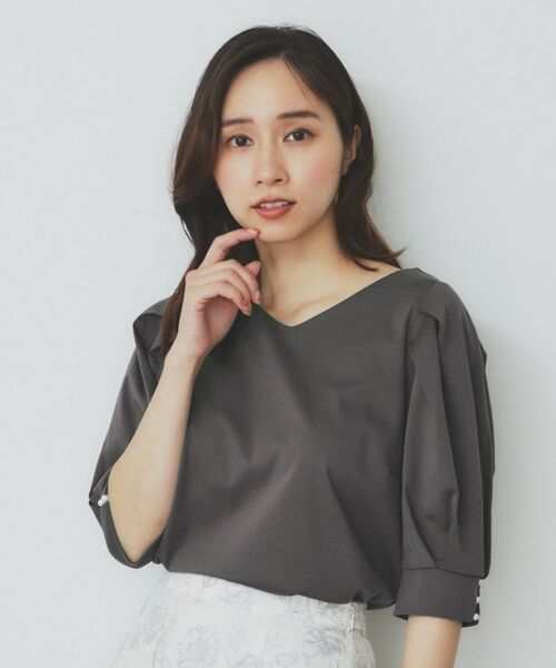 index / インデックス カットソー | 《5色展開》Vネックタックパフスリーブトップス【洗濯機洗い可/UVケア/接触冷感】 | 詳細1