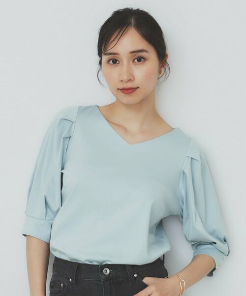 index/インデックス 《5色展開》Vネックタックパフスリーブトップス【洗濯機洗い可/UVケア/接触冷感】 サックスブルー(090) 36(S)