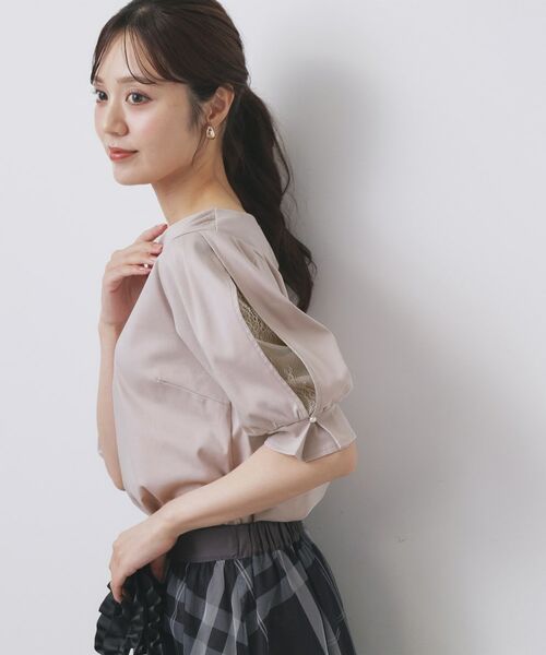 index / インデックス カットソー | レースドッキングスリーブトップス【洗濯機洗い可/UVケア】(ピンクベージュ(053))