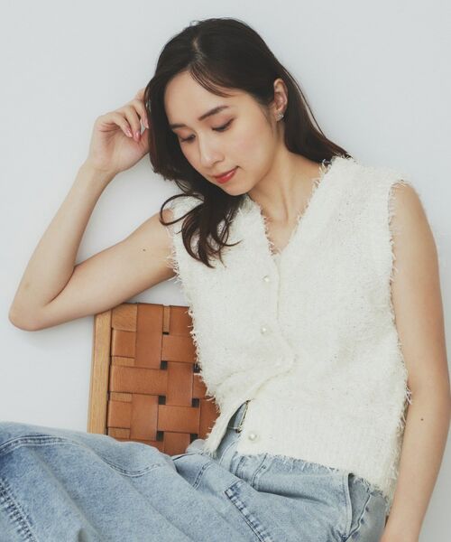 index / インデックス ベスト | 《Can Cam掲載》フリンジシャギーコンパクトベスト【洗濯機洗い可】(オフホワイト(003))