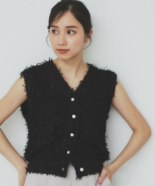 index / インデックス ベスト | 《Can Cam掲載》フリンジシャギーコンパクトベスト【洗濯機洗い可】(ブラック(019))