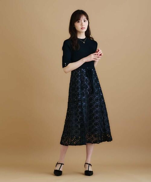 index / インデックス ミニ丈・ひざ丈ワンピース | フラワーレースドッキングワンピース【洗える/抗ピル】 | 詳細6
