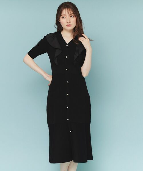 index / インデックス ミニ丈・ひざ丈ワンピース | フリルドッキングニットワンピース【洗濯機洗い可/抗ピル】(ブラック(019))