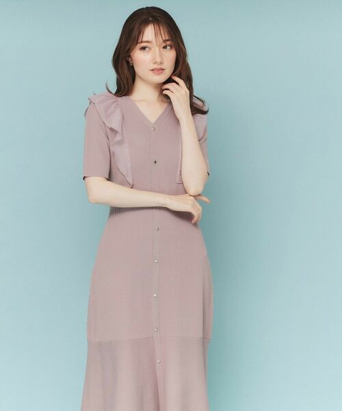 index / インデックス ミニ丈・ひざ丈ワンピース | フリルドッキングニットワンピース【洗濯機洗い可/抗ピル】(ピンク(071))