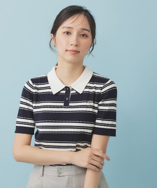 index / インデックス ニット・セーター | ランダムボーダーケーブルポロニット【洗濯機洗い可/抗ピル】(ネイビー(394))