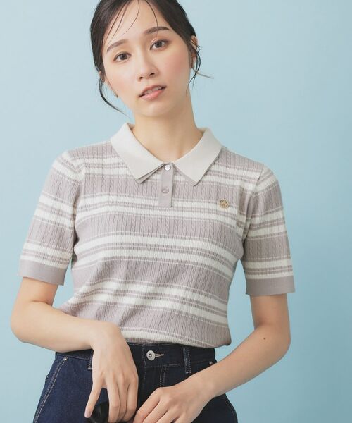 index / インデックス ニット・セーター | ランダムボーダーケーブルポロニット【洗濯機洗い可/抗ピル】(ライトグレー(311))