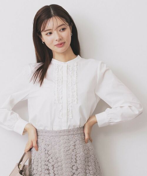 index / インデックス シャツ・ブラウス | バンドカラーフリルブラウス【洗濯機OK/イージーアイロン/防シワ】(オフホワイト(003))