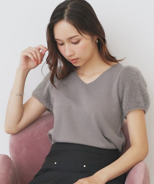 index / インデックス ニット・セーター | 《6色展開》フェザーパフスリーブVネックニット【洗濯機洗い可】(トープ(054))