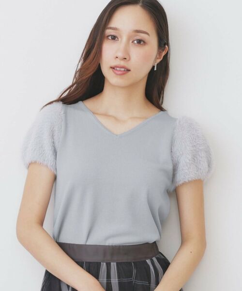 index / インデックス ニット・セーター | 《6色展開》フェザーパフスリーブVネックニット【洗濯機洗い可】(サックスブルー(090))