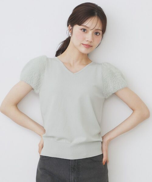 index / インデックス ニット・セーター | 《6色展開》フェザーパフスリーブVネックニット【洗濯機洗い可】(ミントグリーン(821))