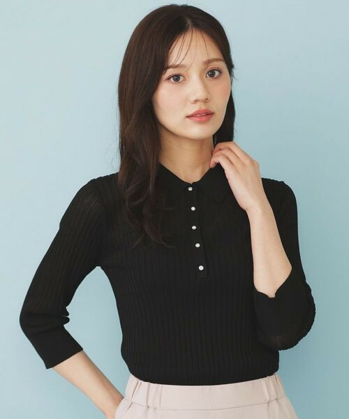 index / インデックス ニット・セーター | シアーリブ衿付きニット【洗濯機洗い可/抗ピル】(ブラック(019))