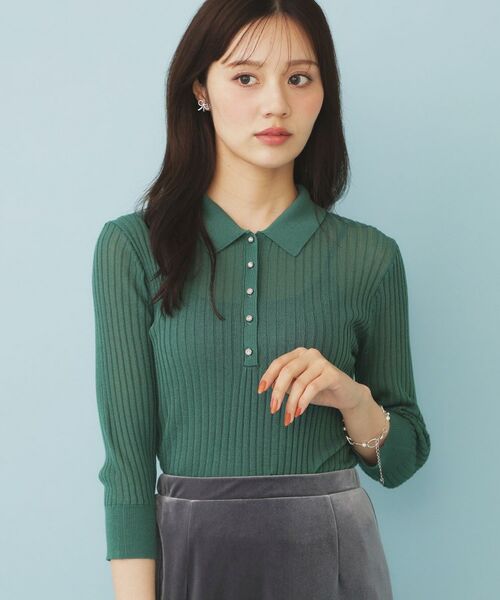 index / インデックス ニット・セーター | シアーリブ衿付きニット【洗濯機洗い可/抗ピル】(グリーン(022))