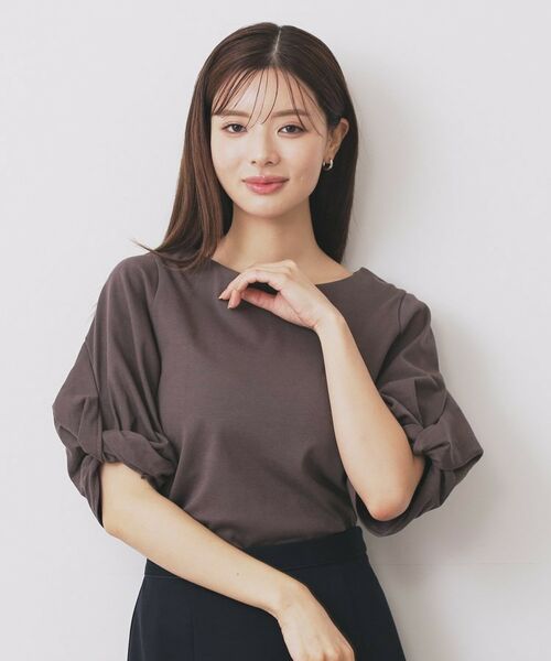 index/インデックス パフスリーブツイストタックトップス【洗濯機可/接触冷感/UVケア】 ブラウン(044) 42(LL)