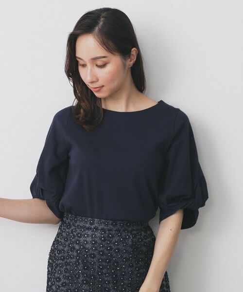 index / インデックス カットソー | パフスリーブツイストタックトップス【洗濯機可/接触冷感/UVケア】(ネイビー(094))