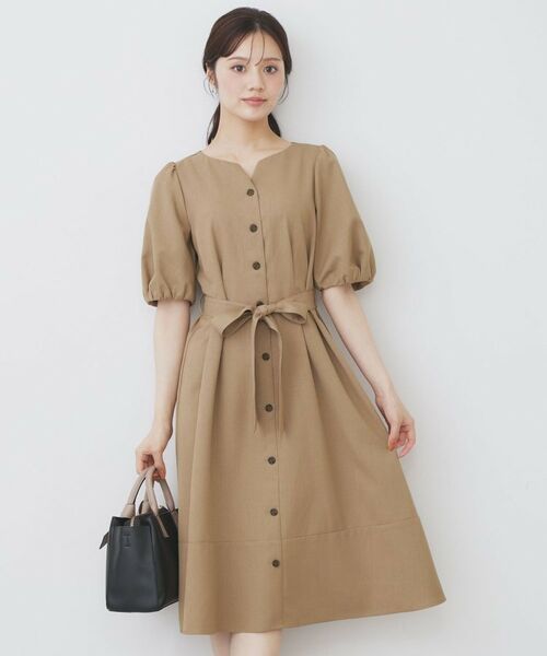 index / インデックス ミニ丈・ひざ丈ワンピース | タックパフスリーブワンピース【洗濯機洗い可/イージーアイロン】(キャメルブラウン(041))