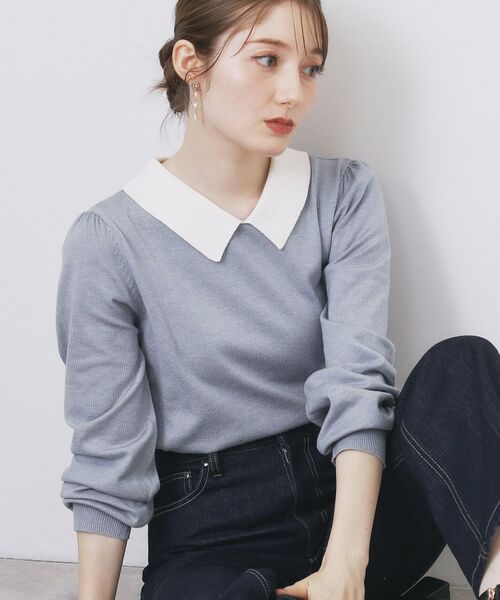 index / インデックス ニット・セーター | バイカラー衿付きニット【洗濯機OK】(ブルー(591))
