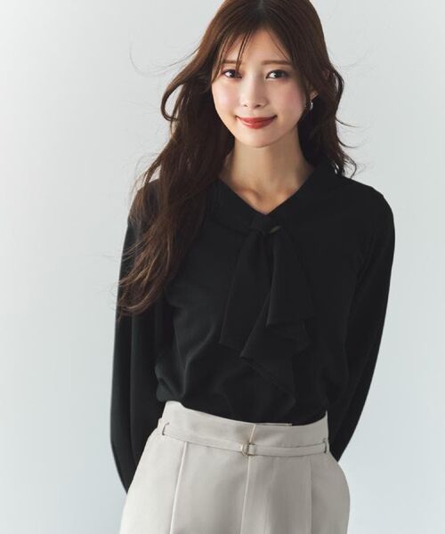 index / インデックス カットソー | ボウタイフリルトップス【洗濯機OK/ストレッチ/イージーアイロン/防シワ】《S~3L》 | 詳細1