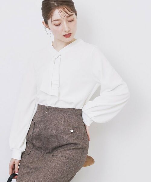 index/インデックス ボウタイフリルトップス【洗濯機OK/ストレッチ/イージーアイロン/防シワ】《S～3L》 オフホワイト(003) 36(S)