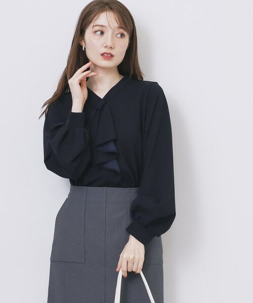 index/インデックス ボウタイフリルトップス【洗濯機OK/ストレッチ/イージーアイロン/防シワ】《S～3L》 ネイビー(094) 40(L)