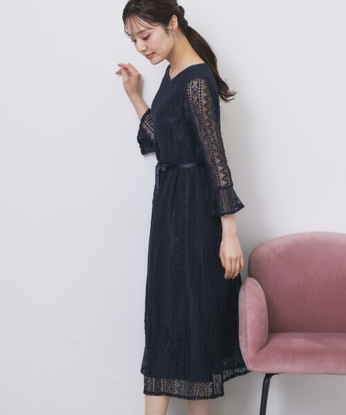 index / インデックス ミニ丈・ひざ丈ワンピース | 幾何ラインレースワンピース【洗濯機OK】 | 詳細15