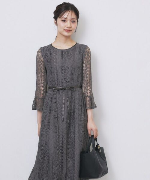 index / インデックス ミニ丈・ひざ丈ワンピース | 幾何ラインレースワンピース【洗濯機OK】(チャコールグレー(014))