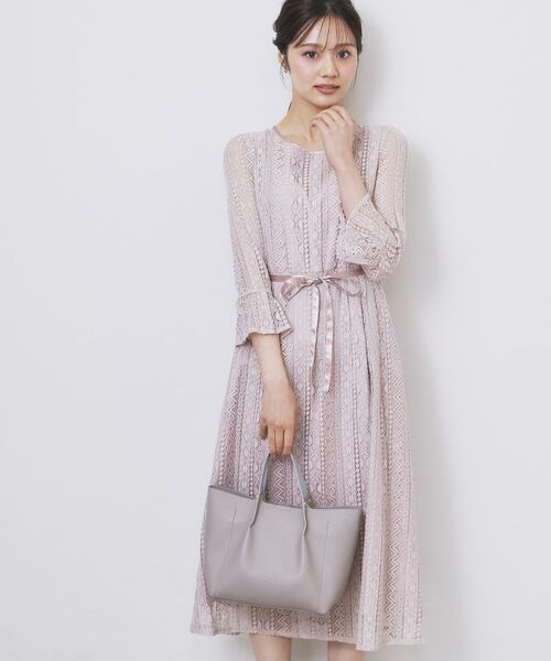 index / インデックス ミニ丈・ひざ丈ワンピース | 幾何ラインレースワンピース【洗濯機OK】(ピンクベージュ(053))