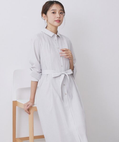 index / インデックス ロング・マキシ丈ワンピース | ラメストライプシャツワンピース【洗濯機OK/イージーアイロン】(グレージュ(350))