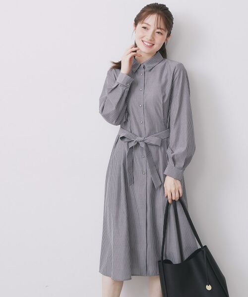 index / インデックス ロング・マキシ丈ワンピース | ラメストライプシャツワンピース【洗濯機OK/イージーアイロン】(ブラック(319))