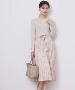 index / インデックス ミニ丈・ひざ丈ワンピース | フラワープリーツドッキングニットワンピース【洗濯機OK】